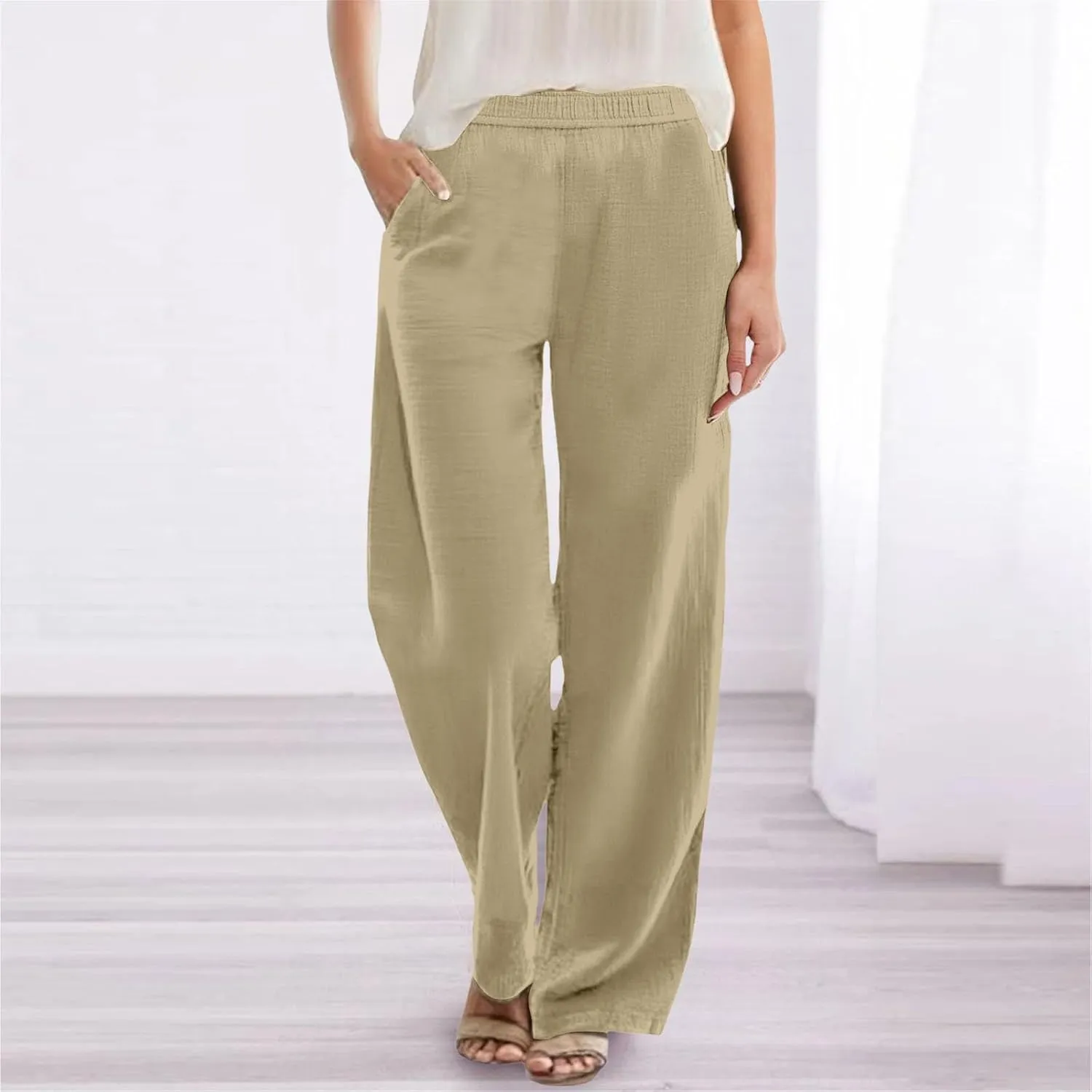 Womens Summer Fashion Linen Pants Solid Casual High Waist Loose Fitness Elastic Waist Trousers with Pockets