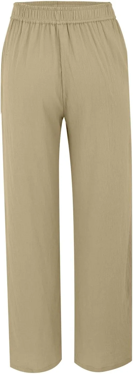 Womens Summer Fashion Linen Pants Solid Casual High Waist Loose Fitness Elastic Waist Trousers with Pockets