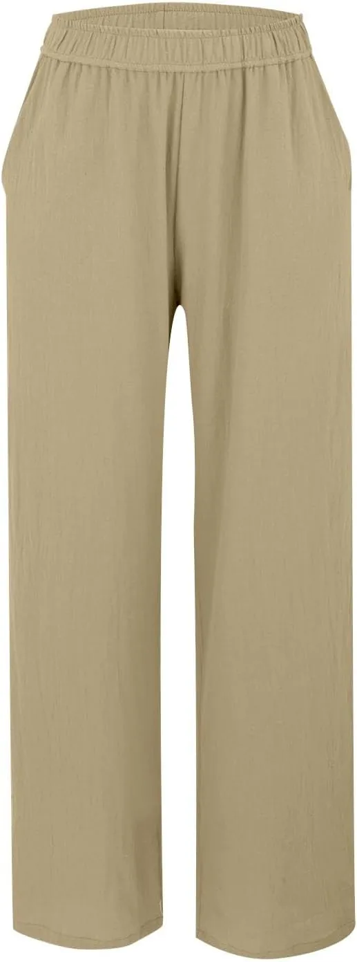 Womens Summer Fashion Linen Pants Solid Casual High Waist Loose Fitness Elastic Waist Trousers with Pockets