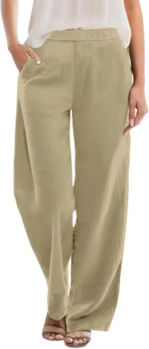 Womens Summer Fashion Linen Pants Solid Casual High Waist Loose Fitness Elastic Waist Trousers with Pockets