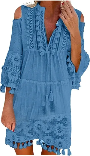 Womens Summer Floral Lace Floral Off The Shoulder Shift Midi Dress Tassel Layered Ruffles Flowy Casual Beach Dress