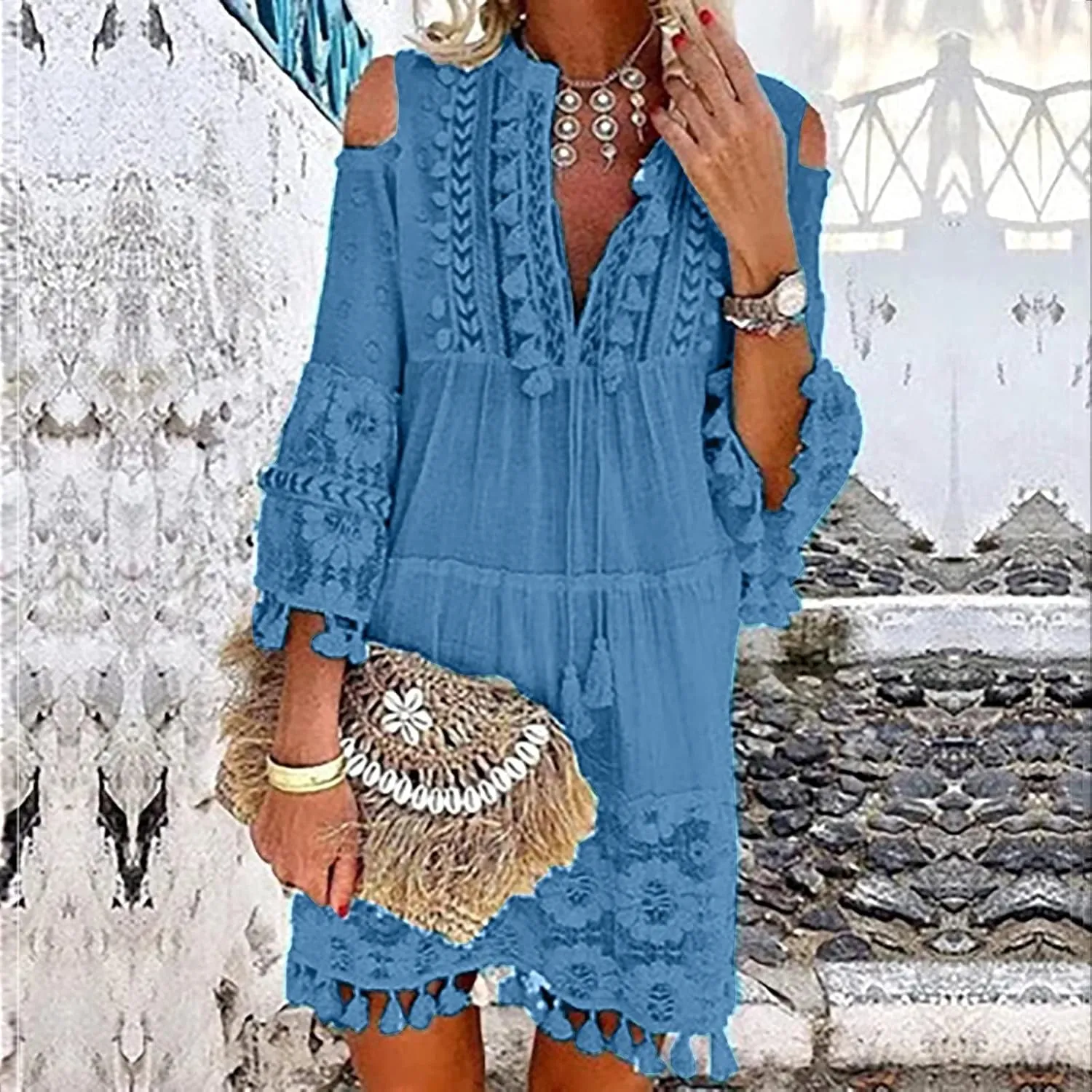Womens Summer Floral Lace Floral Off The Shoulder Shift Midi Dress Tassel Layered Ruffles Flowy Casual Beach Dress