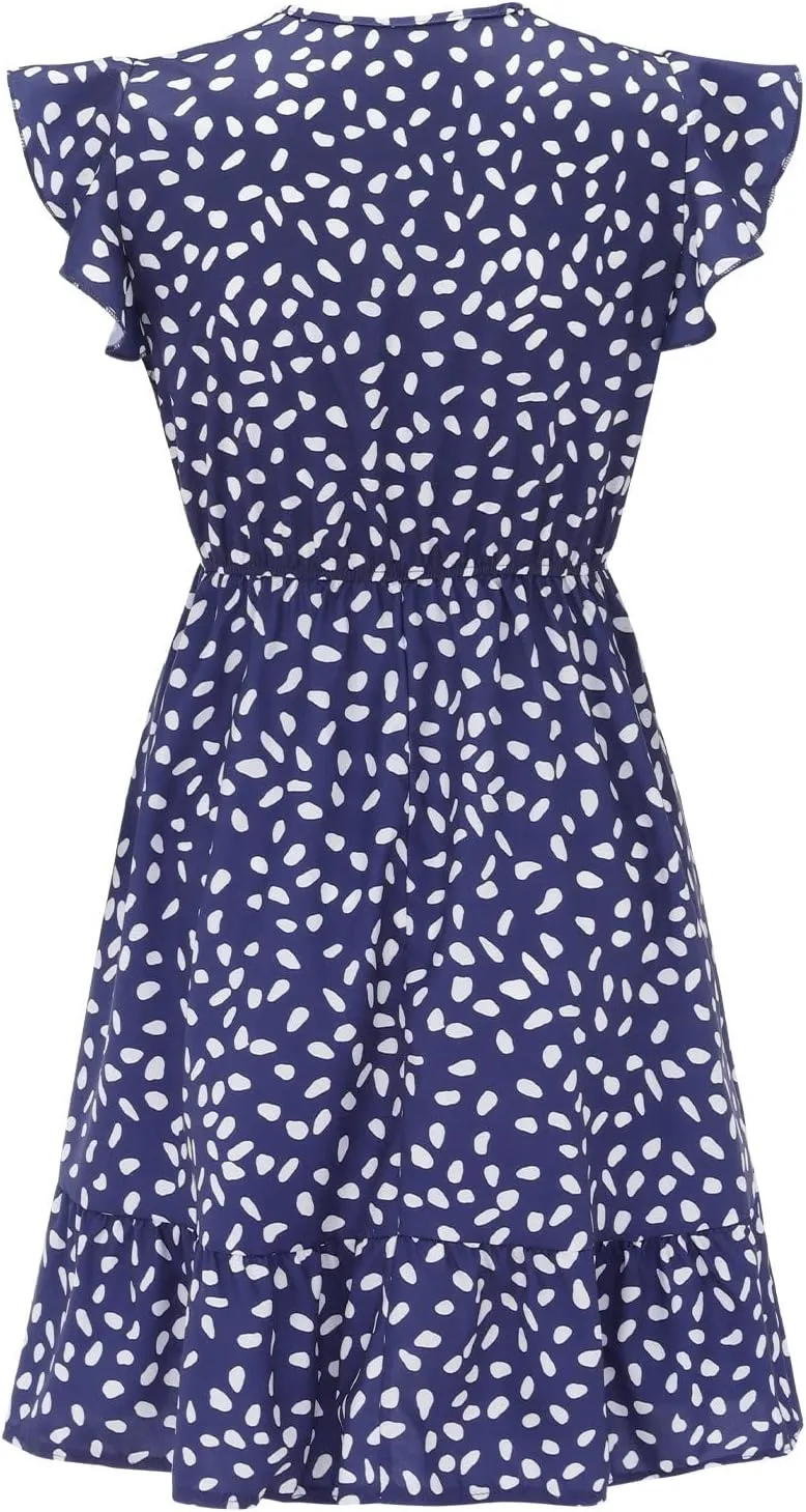 Womens Summer Floral Printed Smocked Square Neck Ruffle Short Sleeve Mini Boho Dress Pink Dress Dress