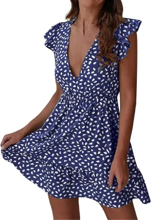 Womens Summer Floral Printed Smocked Square Neck Ruffle Short Sleeve Mini Boho Dress Pink Dress Dress