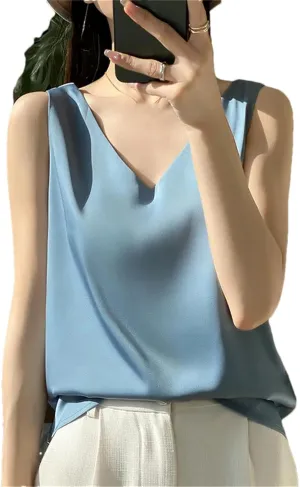 Women's Summer Sexy Silk Satin Tank Tops Loose V-Neck Sleeveless Camisole T-Shirt