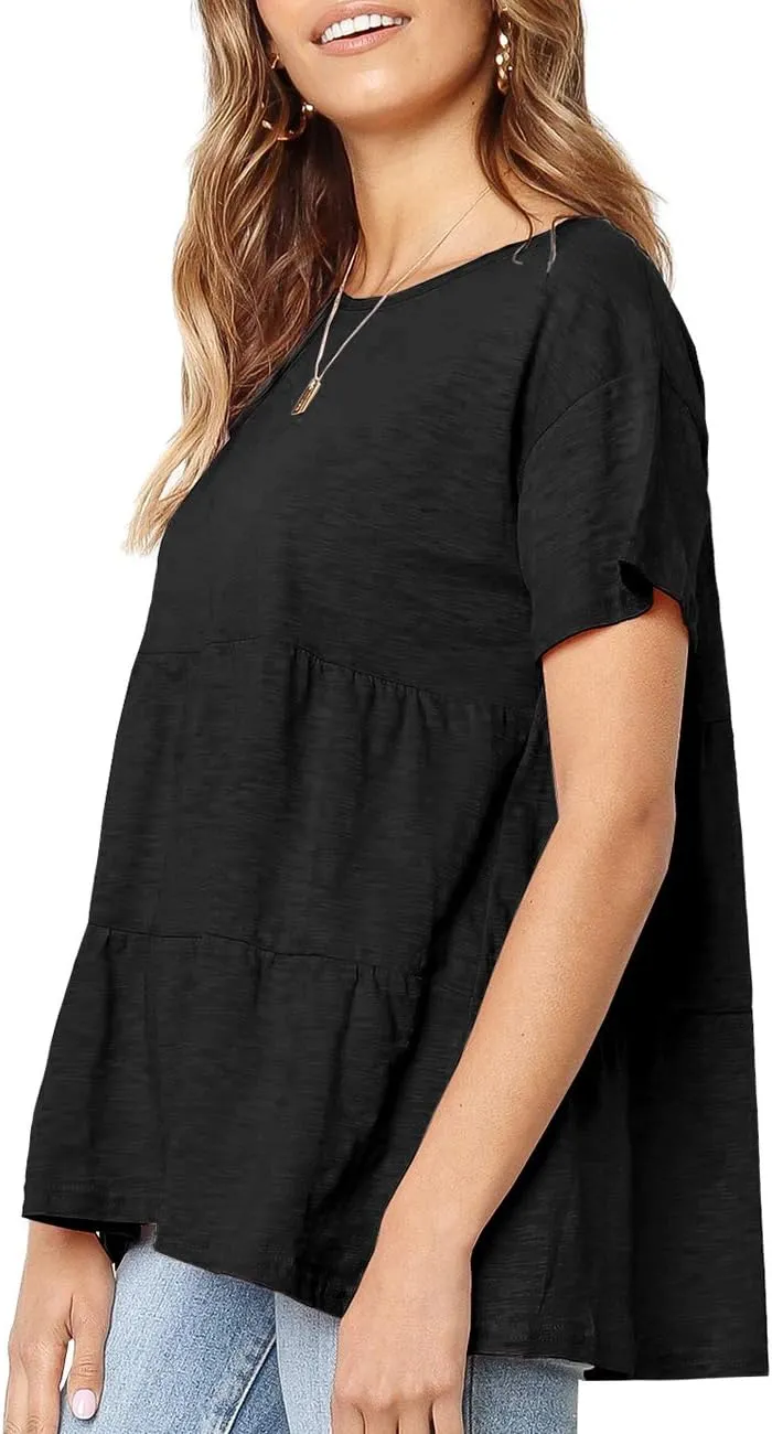 Women's Summer Short Sleeve Loose T Shirt High Low Hem Babydoll Peplum Tops
