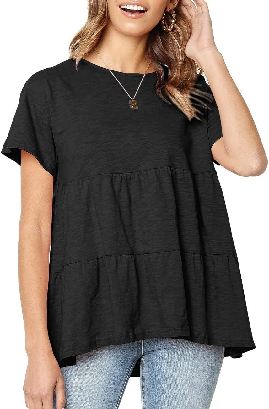 Women's Summer Short Sleeve Loose T Shirt High Low Hem Babydoll Peplum Tops
