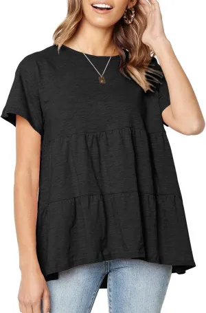 Women's Summer Short Sleeve Loose T Shirt High Low Hem Babydoll Peplum Tops
