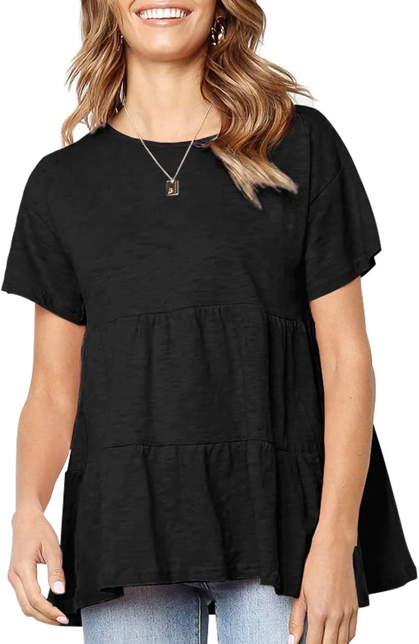 Women's Summer Short Sleeve Loose T Shirt High Low Hem Babydoll Peplum Tops