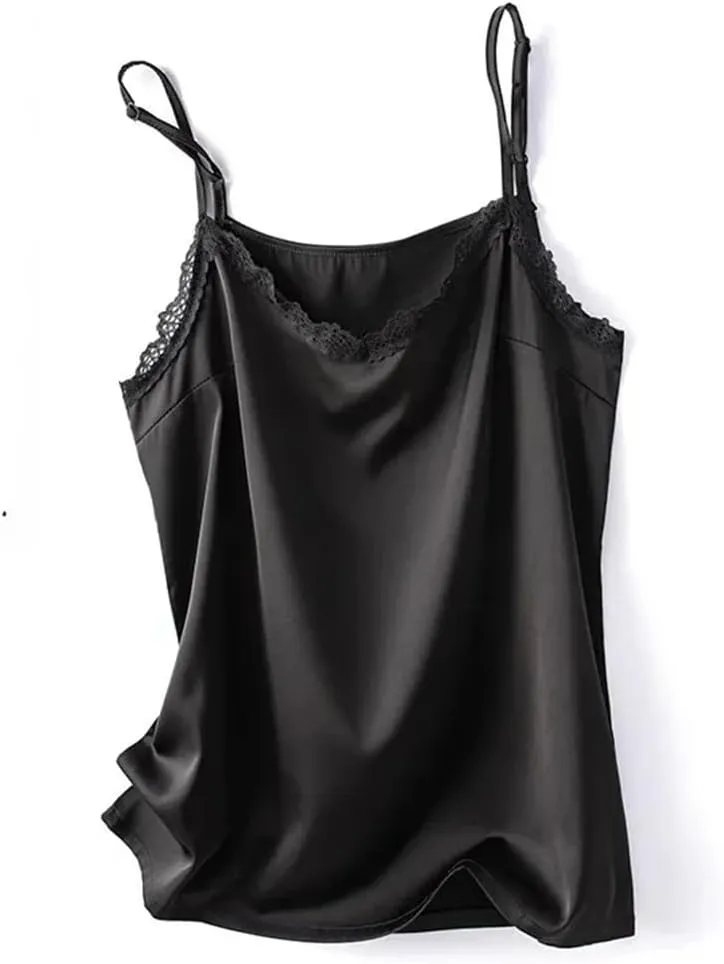 Women's Summer V-Neck Silk Camisole Sexy Lace Sleeveless Satin Vest Top