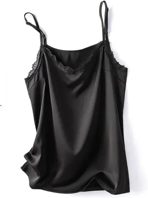 Women's Summer V-Neck Silk Camisole Sexy Lace Sleeveless Satin Vest Top
