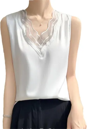 Women's V-Neck Lace Satin Camisole Top Summer Sleeveless Strap Bottoming T-Shirt Vest