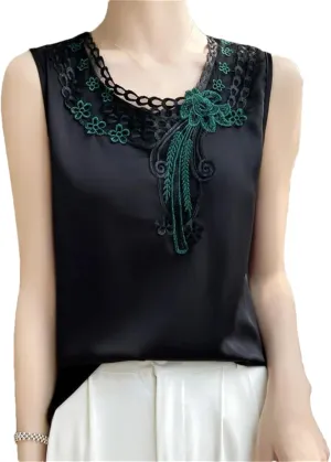 Women's V-Neck Lace Satin Camisole Top Summer Sleeveless Strap Bottoming T-Shirt Vest