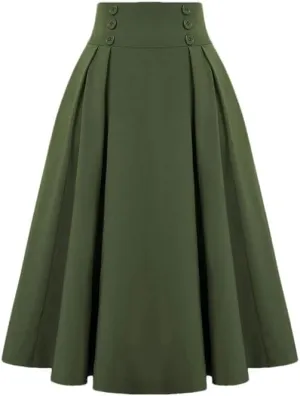 Women's Vintage Casual Long A-Line High Waist Skirt Elegant Double Breasted Large Swing Pleated Skirt