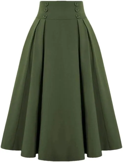 Women's Vintage Casual Long A-Line High Waist Skirt Elegant Double Breasted Large Swing Pleated Skirt