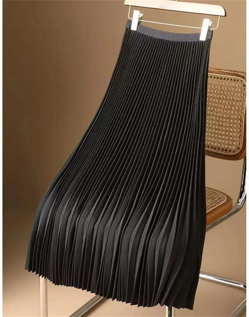 Women's Vintage Satin Midi Skirt High Waist Pleated A-Line Design with Wide Elastic Waistband Summer Solid Color Long Skirt