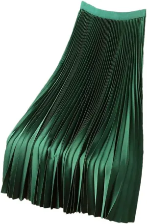 Women's Vintage Satin Midi Skirt High Waist Pleated A-Line Design with Wide Elastic Waistband Summer Solid Color Long Skirt