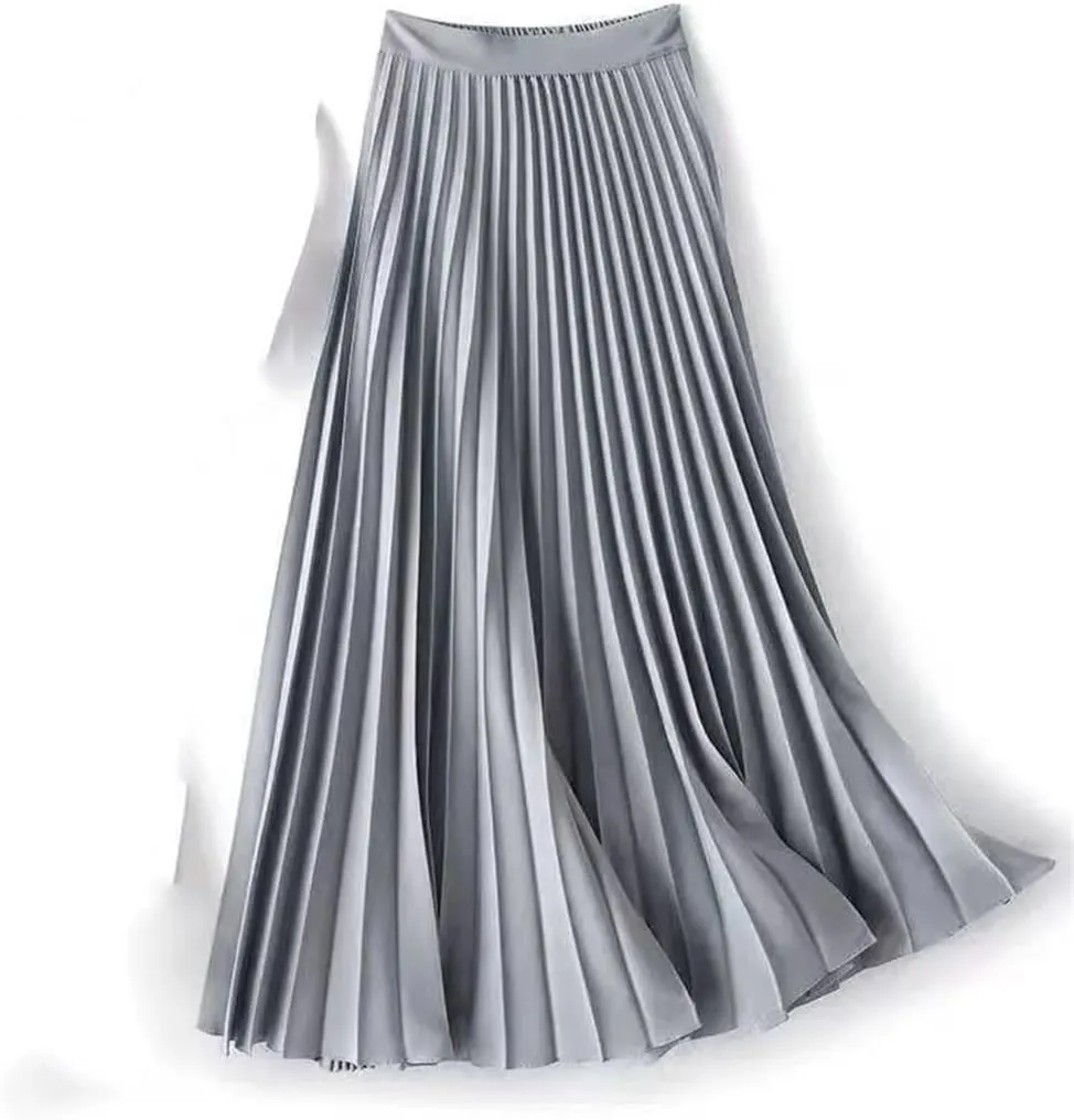 Women's Vintage Satin Midi Skirt High Waist Pleated A-Line Design with Wide Elastic Waistband Summer Solid Color Long Skirt