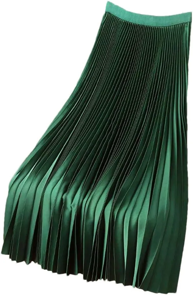 Women's Vintage Satin Midi Skirt High Waist Pleated A-Line Design with Wide Elastic Waistband Summer Solid Color Long Skirt