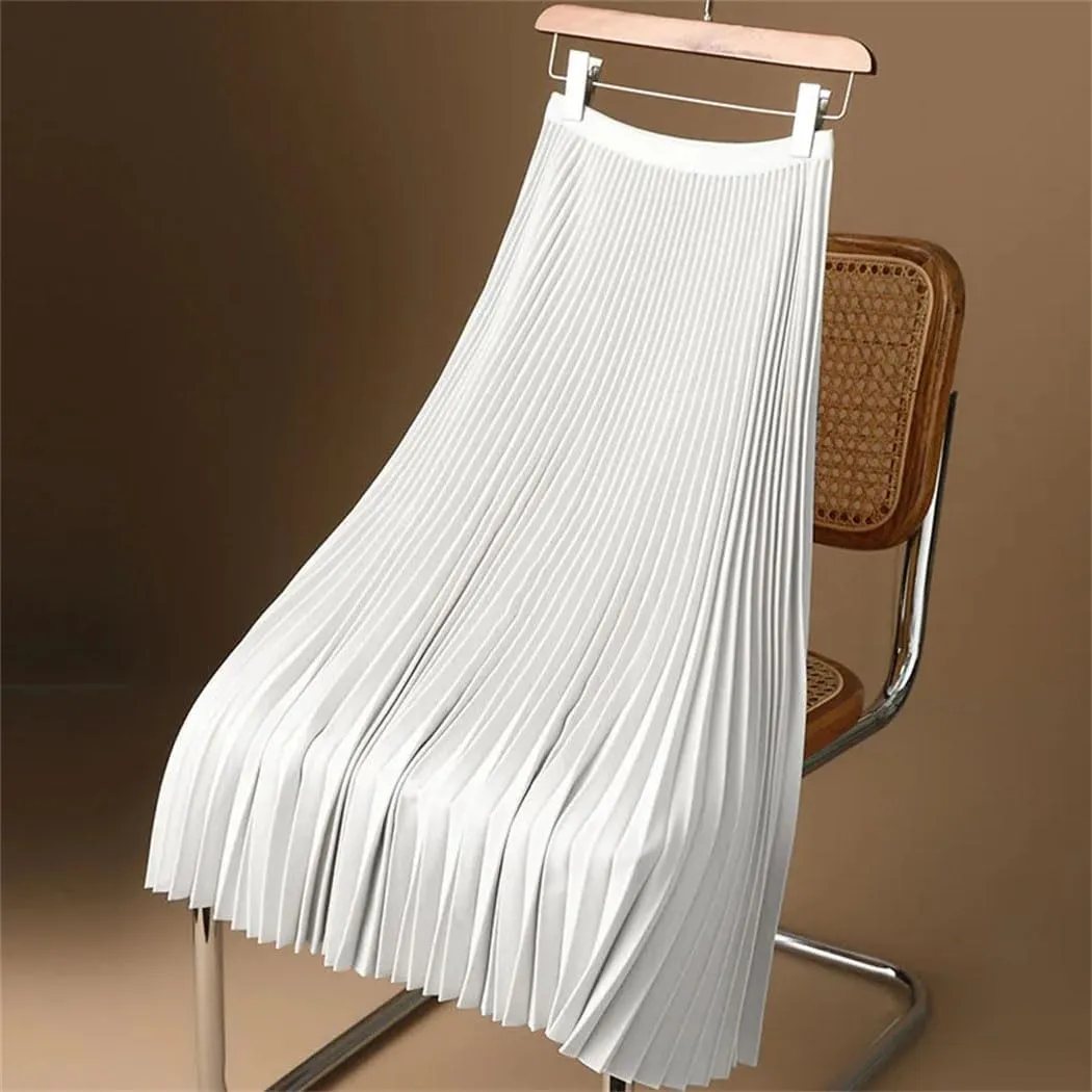 Women's Vintage Satin Midi Skirt High Waist Pleated A-Line Design with Wide Elastic Waistband Summer Solid Color Long Skirt
