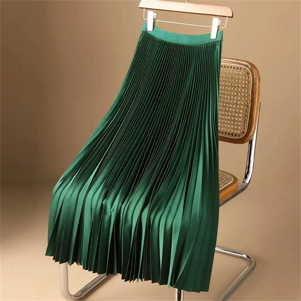 Women's Vintage Satin Midi Skirt High Waist Pleated A-Line Design with Wide Elastic Waistband Summer Solid Color Long Skirt
