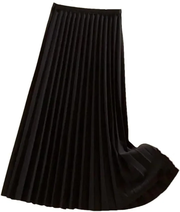 Women's Vintage Satin Midi Skirt High Waist Pleated A-Line Design with Wide Elastic Waistband Summer Solid Color Long Skirt