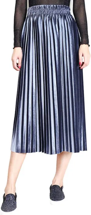 Women's Vintage Velvet Elastic Waist Accordion Pleated Metallic Midi Party Skirt