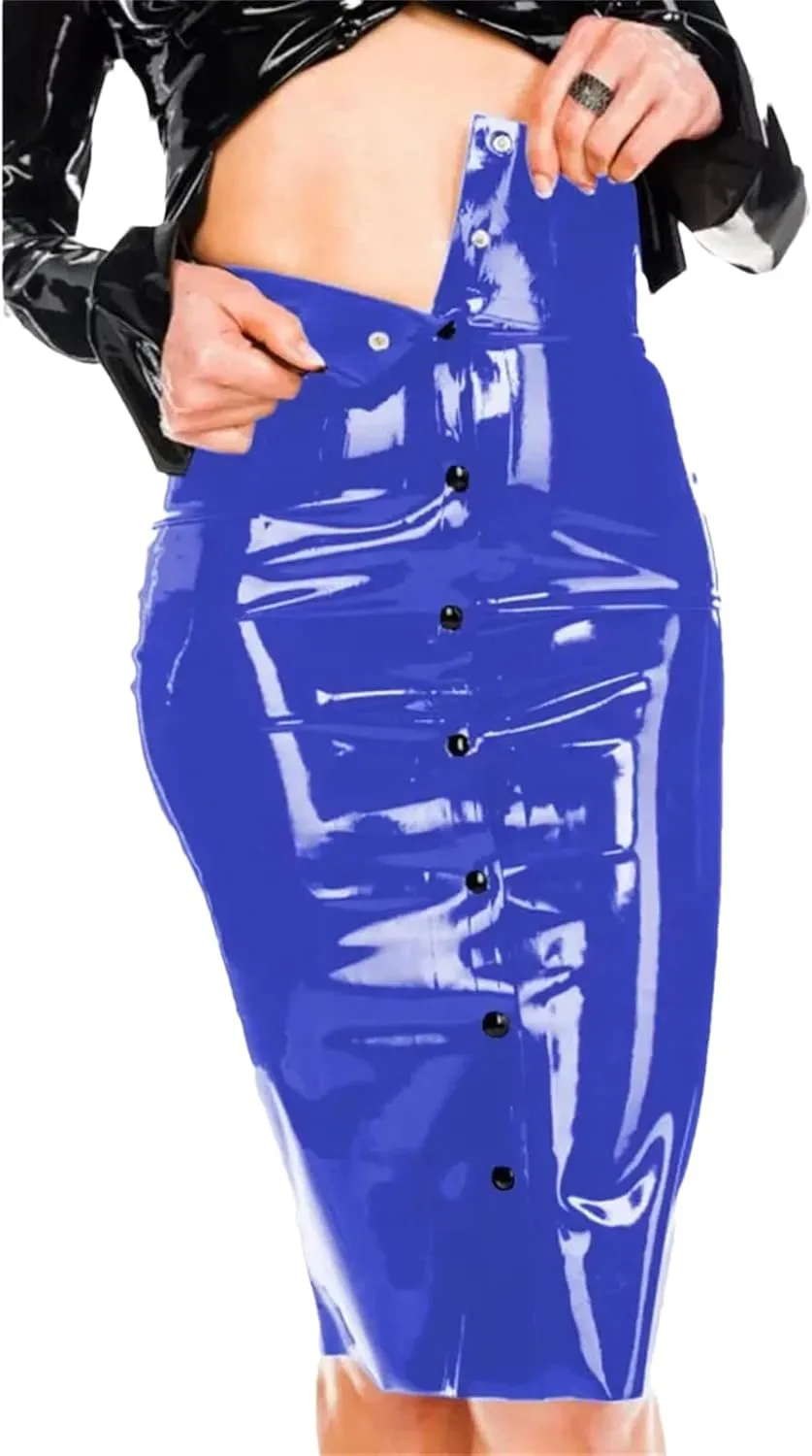 Womens Wetlook PVC Pencil Skirt Plus Size Button Midi Office Winter Business