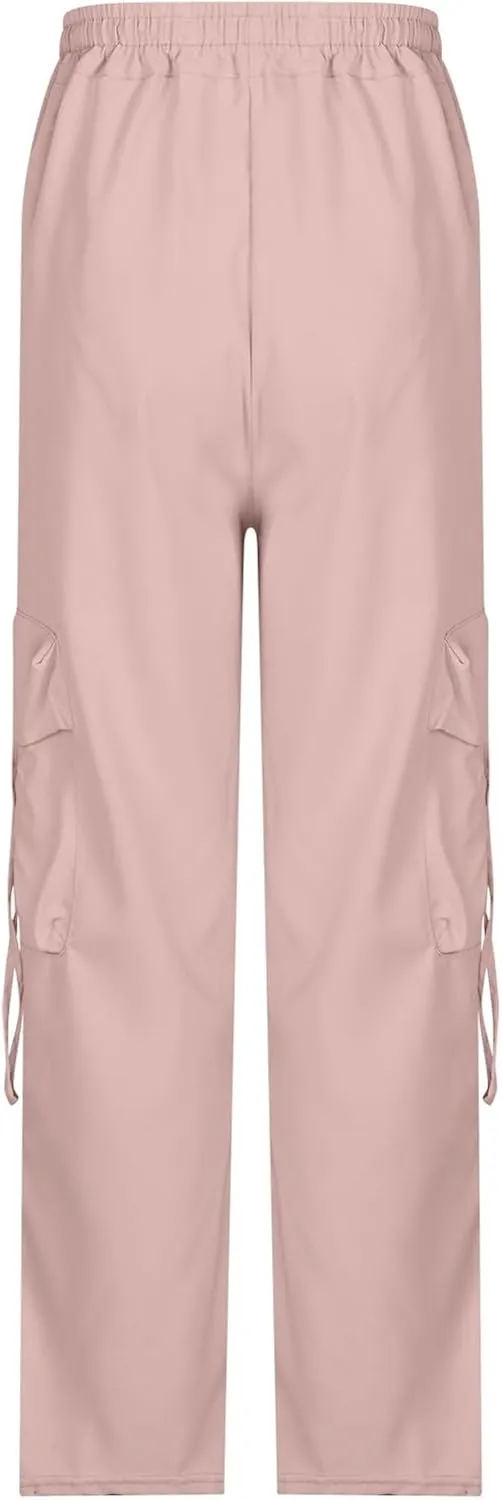 Women's Wide Leg Cargo Pants Y2k Baggy Parachute Pants Drawstring High Elastic Trousers with Pockets(Plus Size)