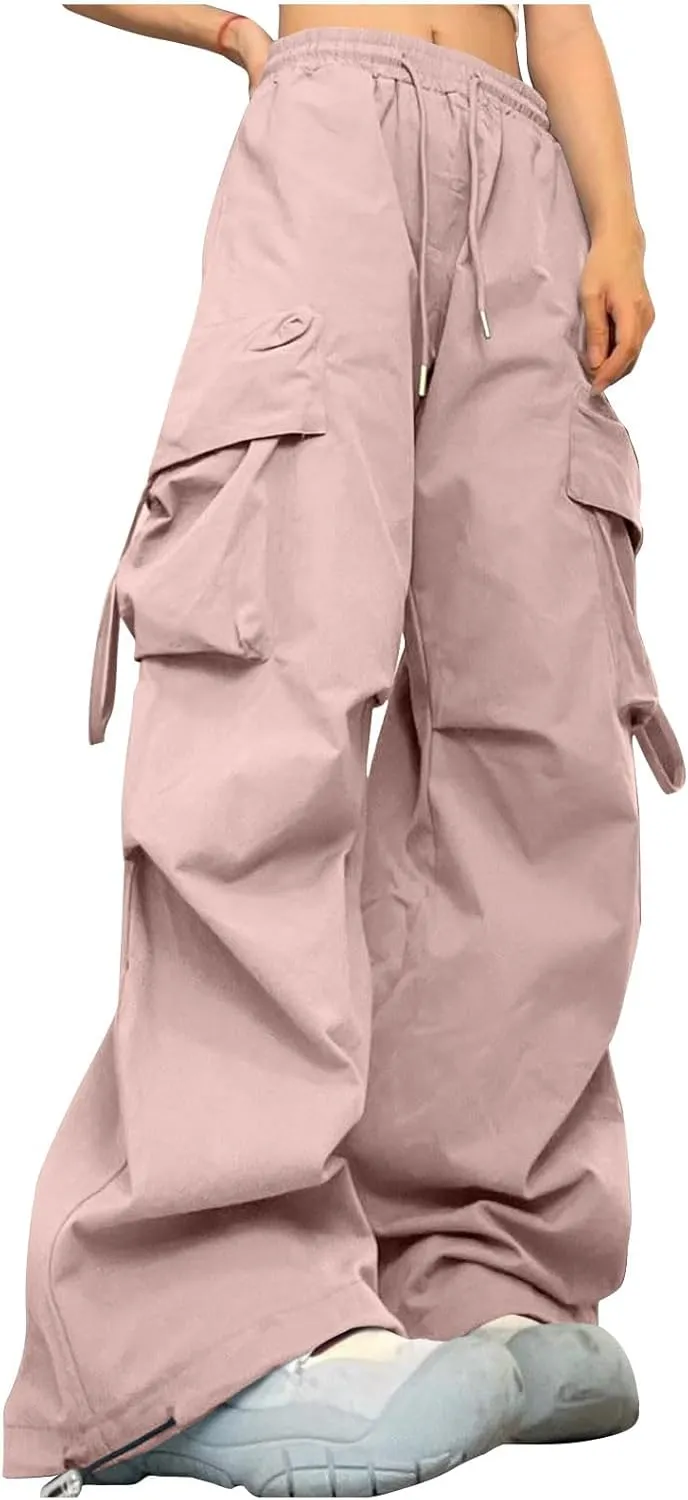 Women's Wide Leg Cargo Pants Y2k Baggy Parachute Pants Drawstring High Elastic Trousers with Pockets(Plus Size)