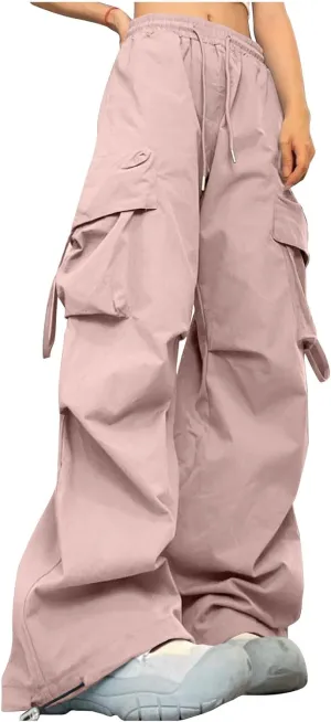 Women's Wide Leg Cargo Pants Y2k Baggy Parachute Pants Drawstring High Elastic Trousers with Pockets(Plus Size)