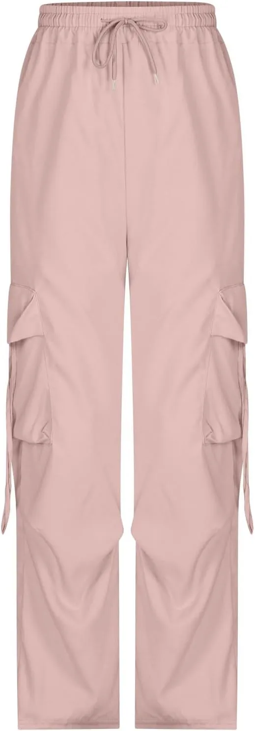 Women's Wide Leg Cargo Pants Y2k Baggy Parachute Pants Drawstring High Elastic Trousers with Pockets(Plus Size)