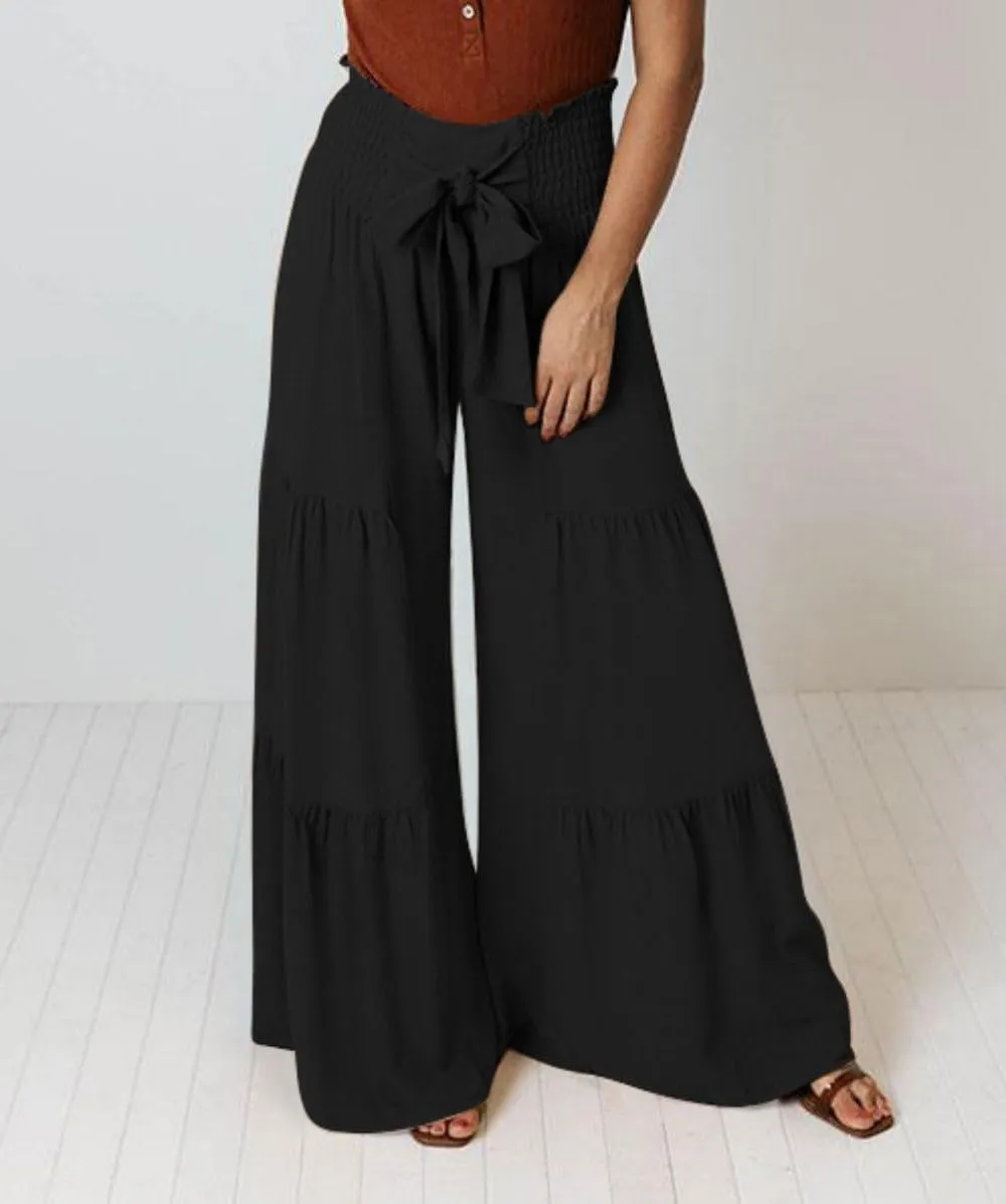 Womens Wide Leg Flared Pants Casual Long Palazzo Pants Flowy Lounge Pants High Waist Tie Knot Beach Trousers