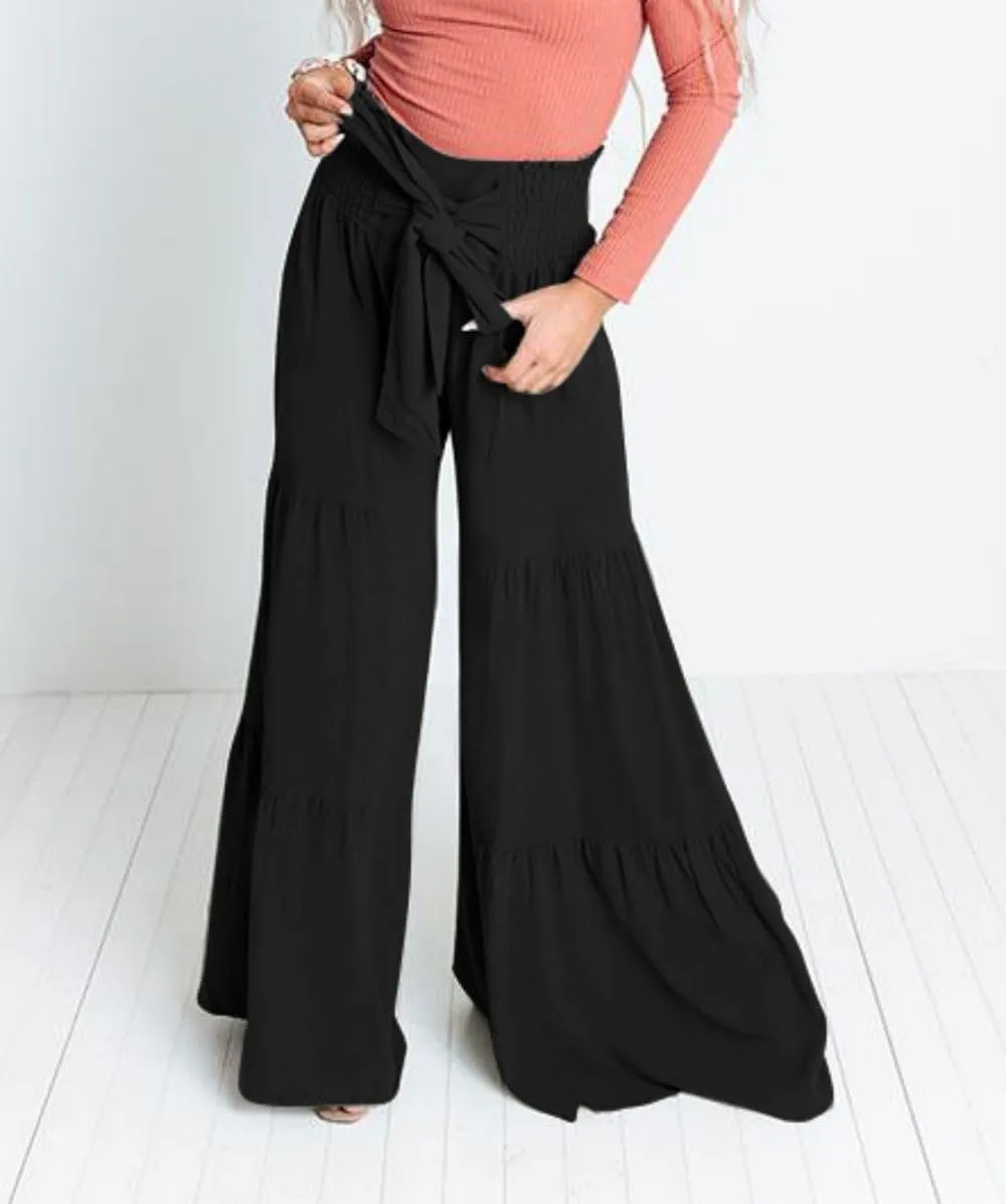Womens Wide Leg Flared Pants Casual Long Palazzo Pants Flowy Lounge Pants High Waist Tie Knot Beach Trousers