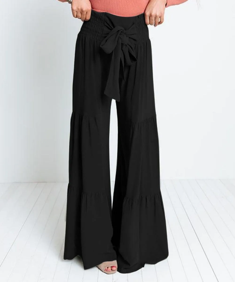 Womens Wide Leg Flared Pants Casual Long Palazzo Pants Flowy Lounge Pants High Waist Tie Knot Beach Trousers