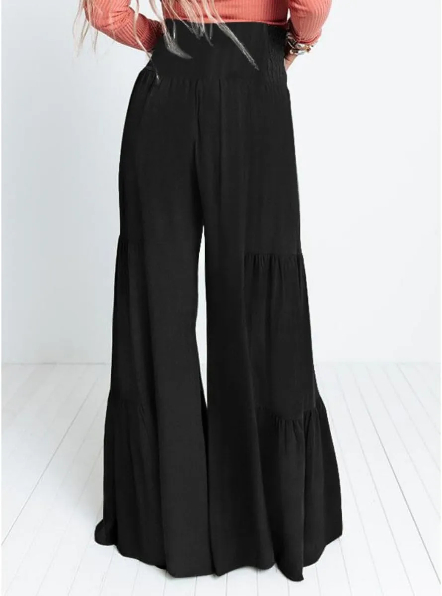 Womens Wide Leg Flared Pants Casual Long Palazzo Pants Flowy Lounge Pants High Waist Tie Knot Beach Trousers