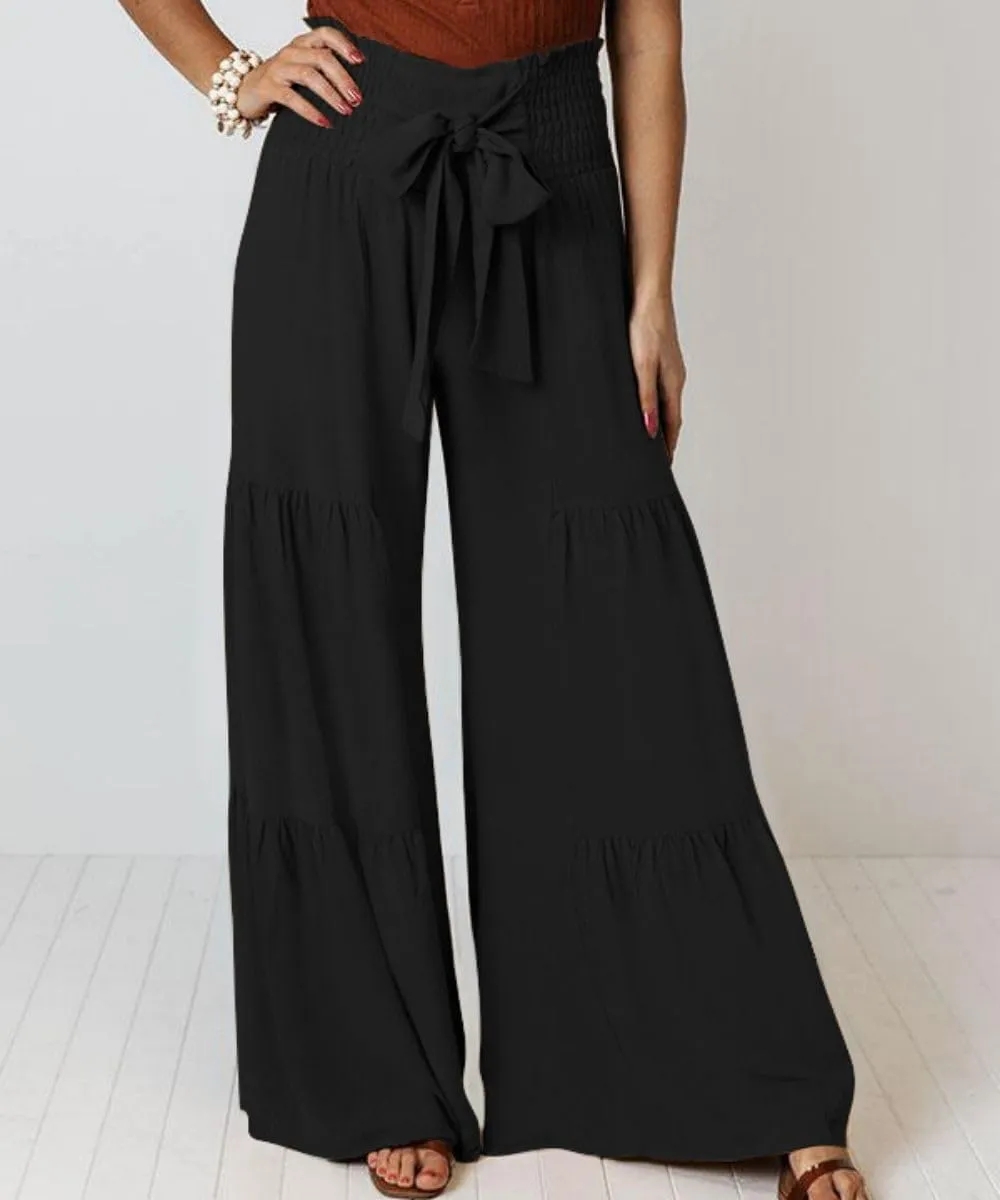 Womens Wide Leg Flared Pants Casual Long Palazzo Pants Flowy Lounge Pants High Waist Tie Knot Beach Trousers