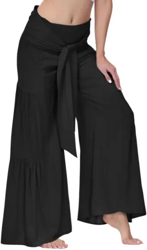 Womens Wide Leg Flared Pants Casual Long Palazzo Pants Flowy Lounge Pants High Waist Tie Knot Beach Trousers
