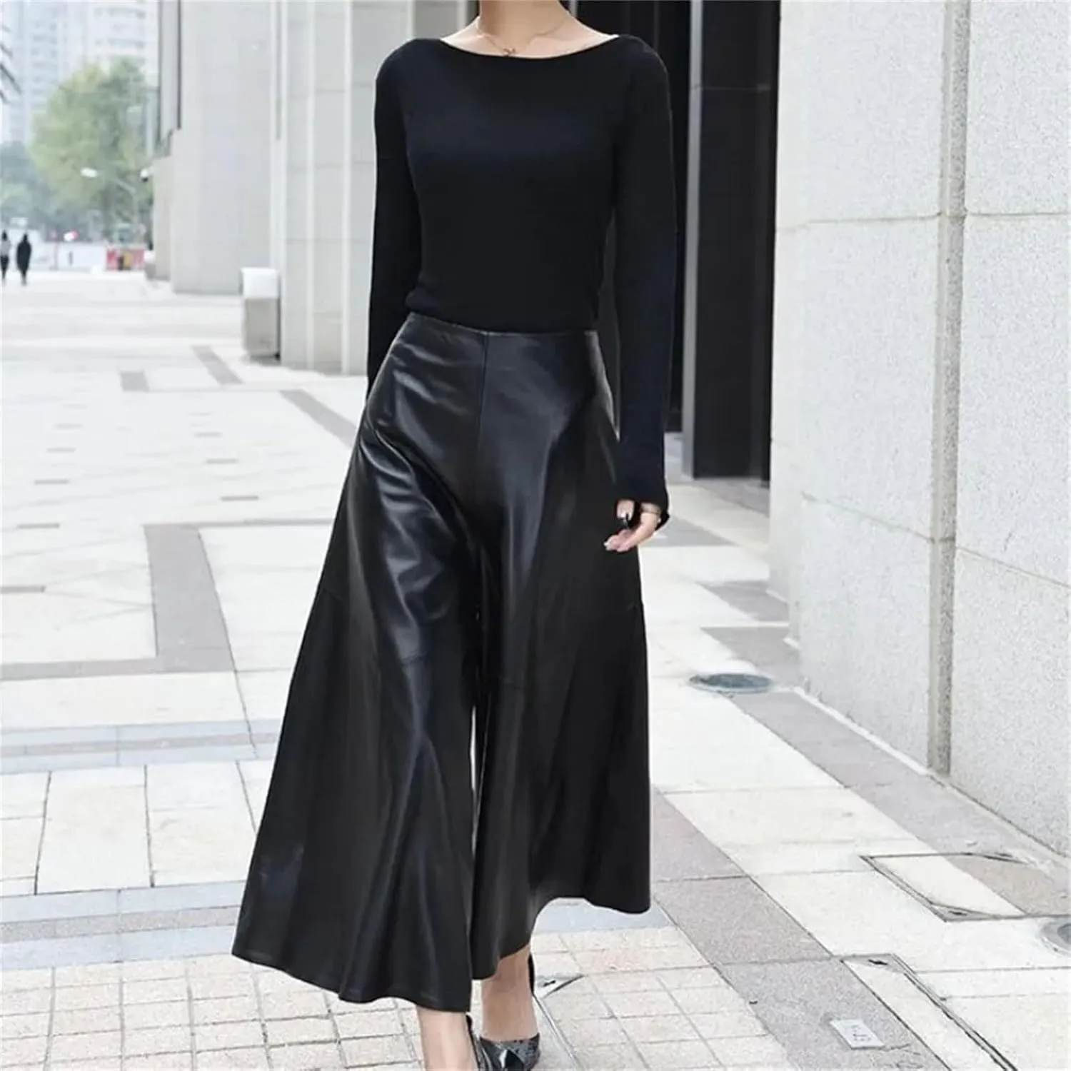 Womens Wide Leg Leather Shorts Genuine High Waist Spring Casual Loose Fit