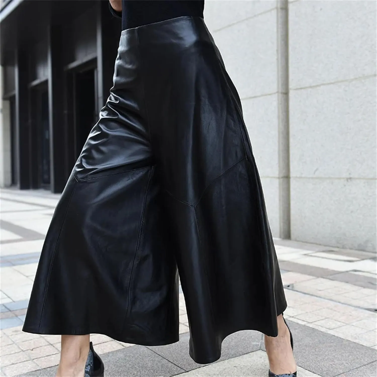 Womens Wide Leg Leather Shorts Genuine High Waist Spring Casual Loose Fit