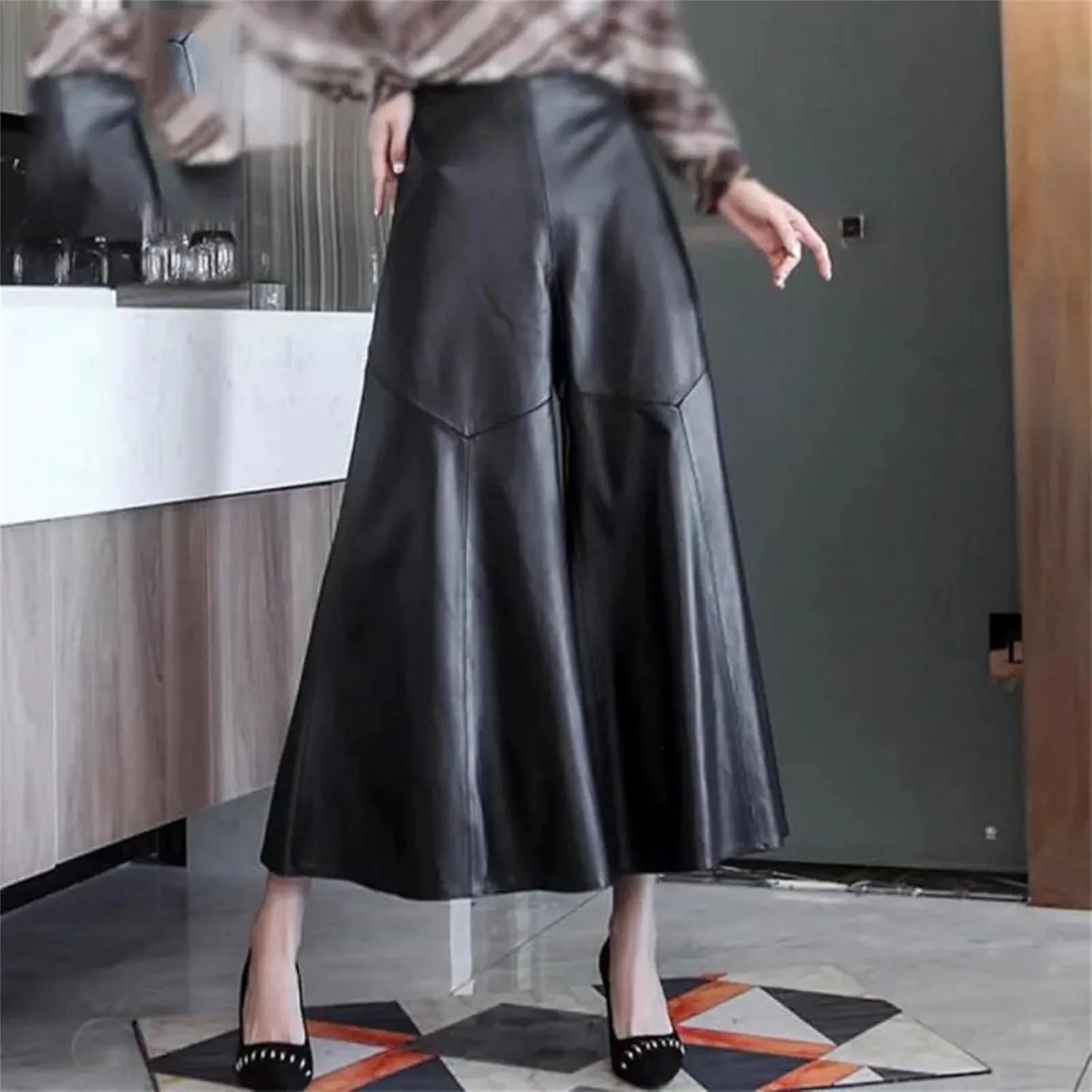 Womens Wide Leg Leather Shorts Genuine High Waist Spring Casual Loose Fit