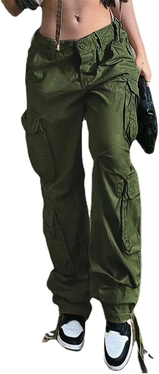Women's Y2K High Rise Baggy Straight Leg Cargo Pants Streetwear Casual Boyfriend Trousers with Pockets
