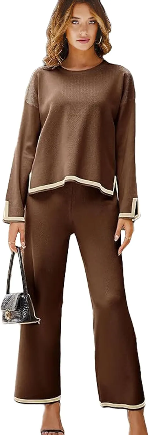Woolicity NEW Womens 2 Piece Sweatsuit Set Outfits Long Sleeve Knit Sweater Top Wide Leg Pants Lounge Sets Tracksuits Set