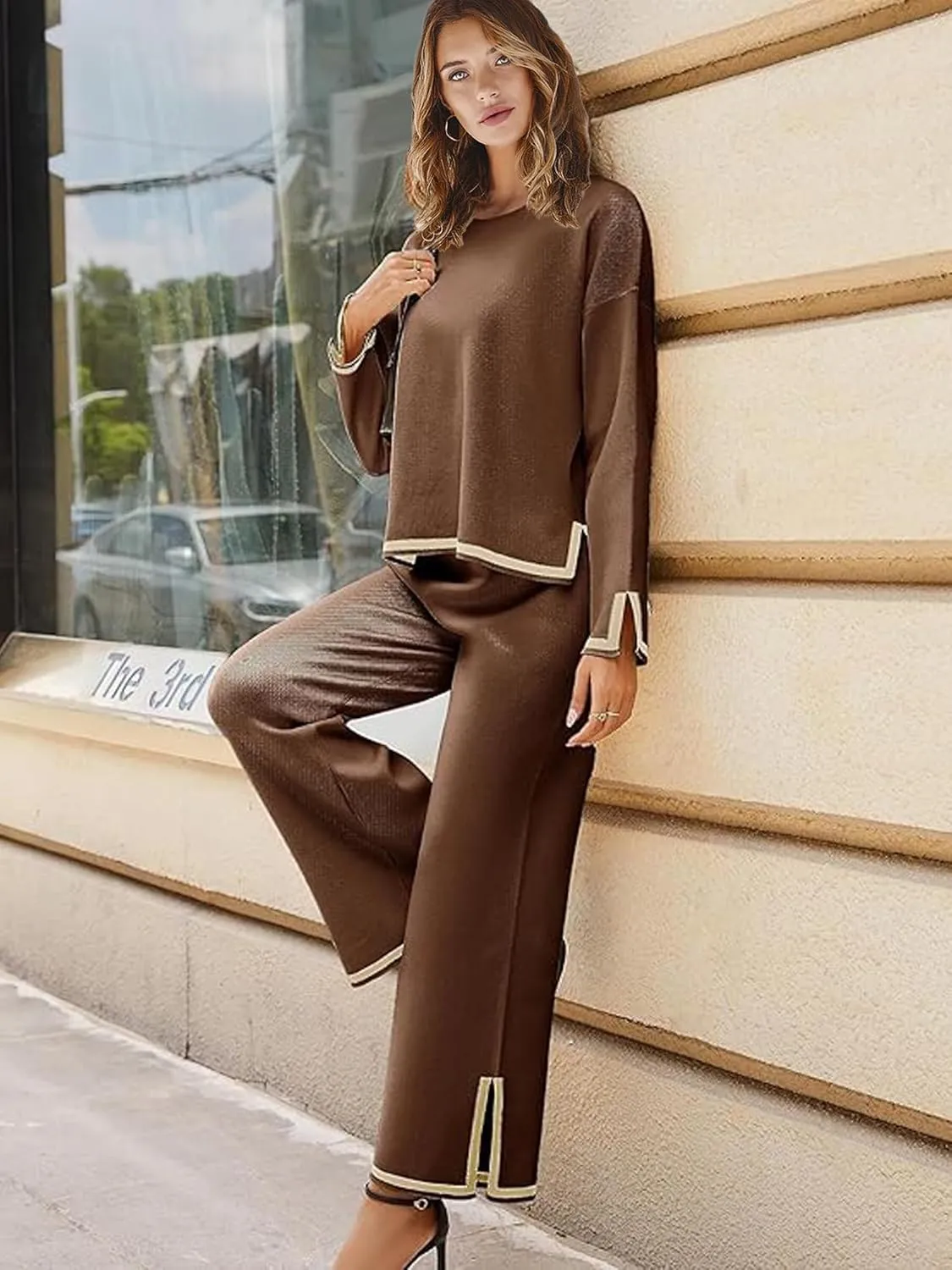 Woolicity NEW Womens 2 Piece Sweatsuit Set Outfits Long Sleeve Knit Sweater Top Wide Leg Pants Lounge Sets Tracksuits Set