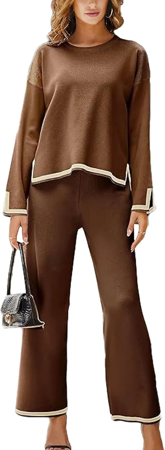Woolicity NEW Womens 2 Piece Sweatsuit Set Outfits Long Sleeve Knit Sweater Top Wide Leg Pants Lounge Sets Tracksuits Set
