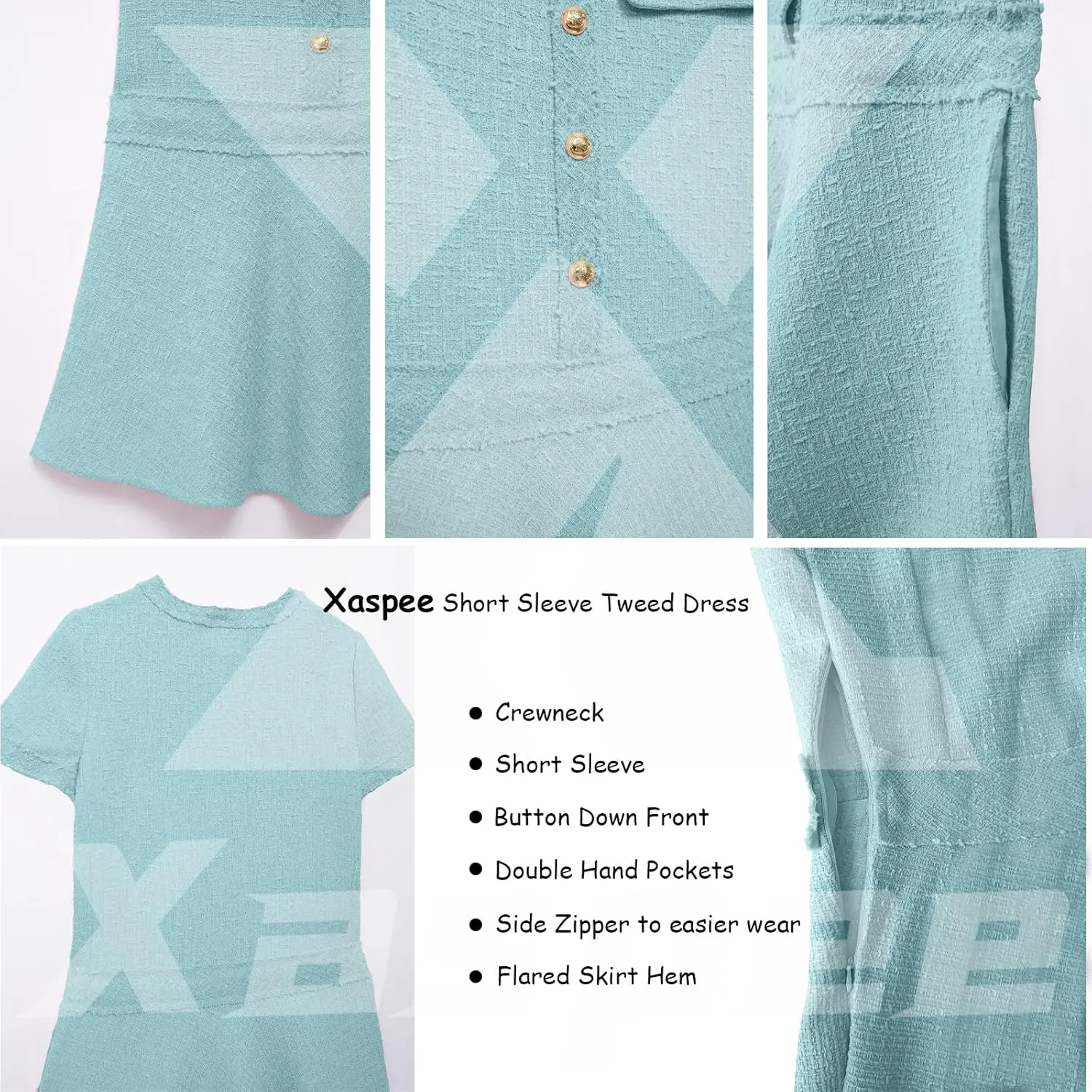 Xaspee Women's Short Sleeve Tweed Dress Crewneck Button Down Elegant Casual Textured Mini Dress with Pockets