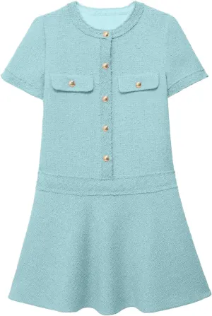 Xaspee Women's Short Sleeve Tweed Dress Crewneck Button Down Elegant Casual Textured Mini Dress with Pockets