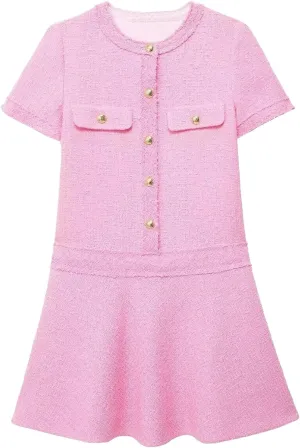 Xaspee Women's Short Sleeve Tweed Dress Crewneck Button Down Elegant Casual Textured Mini Dress with Pockets
