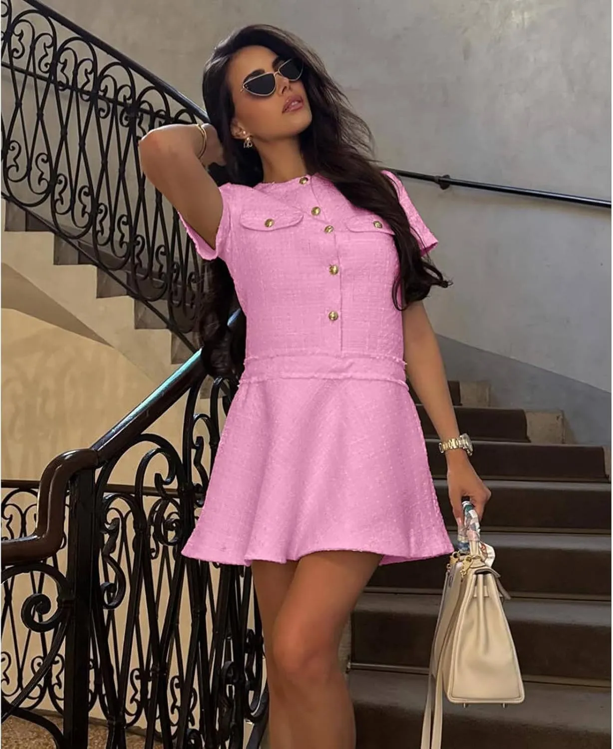 Xaspee Women's Short Sleeve Tweed Dress Crewneck Button Down Elegant Casual Textured Mini Dress with Pockets