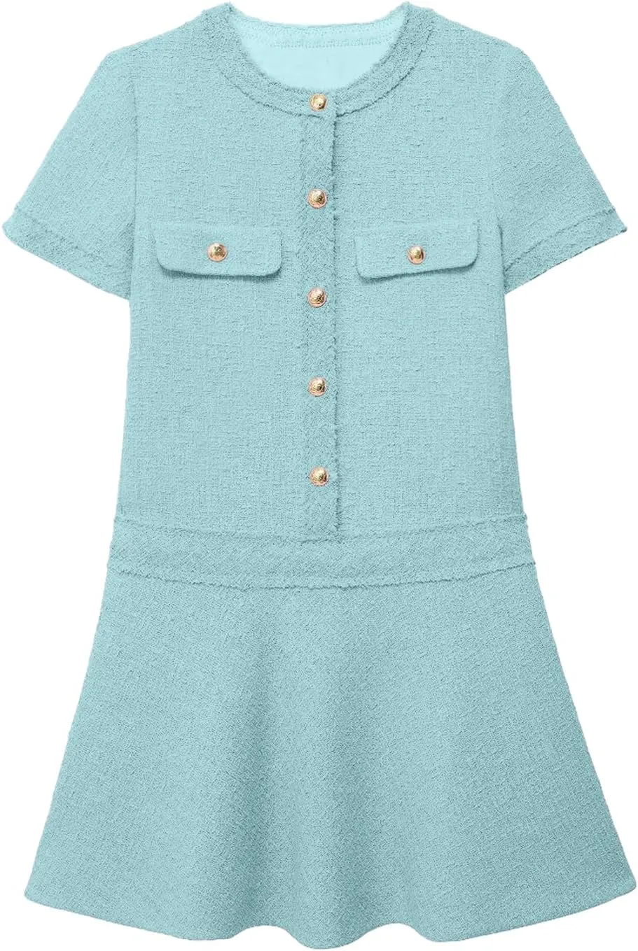 Xaspee Women's Short Sleeve Tweed Dress Crewneck Button Down Elegant Casual Textured Mini Dress with Pockets